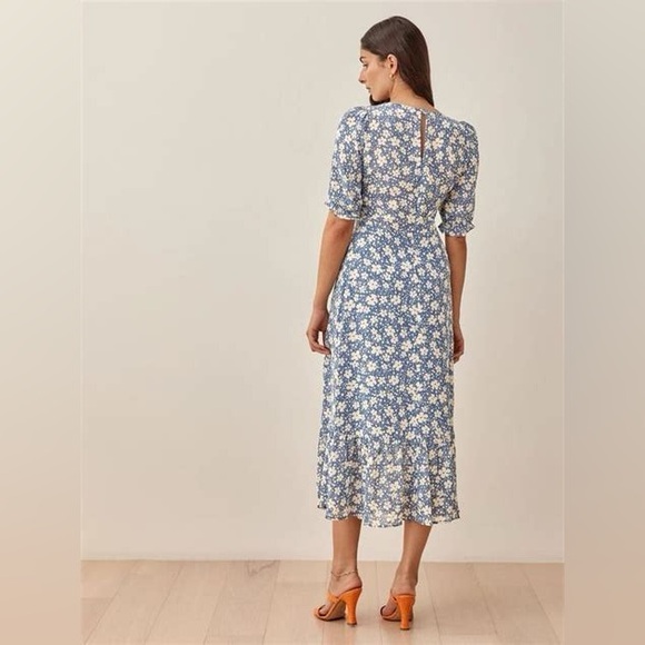 Reformation Nantes Floral Blue Midi Dress Sz 2 - Picture 2 of 8